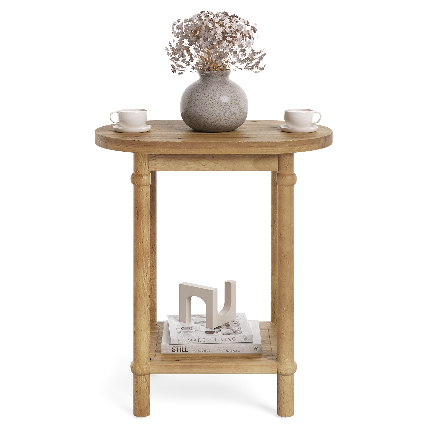 2-Tier Oval Side Table, Farmhouse End Table with Storage Shelves