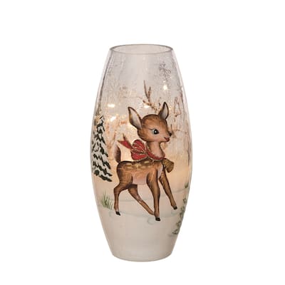 Transpac Glass 9 in. Multicolor Christmas Light Up Retro Reindeer Vase Decor - White/Brown/Green