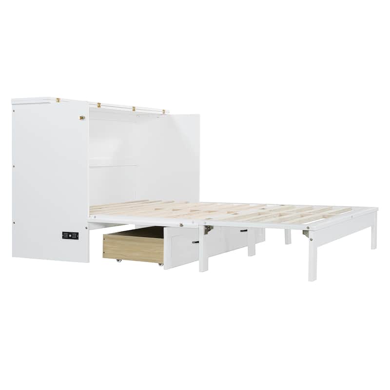 Queen Size Foldable Murphy Bed with Storage Drawers & USB Charging,Space Saving Wall Bed