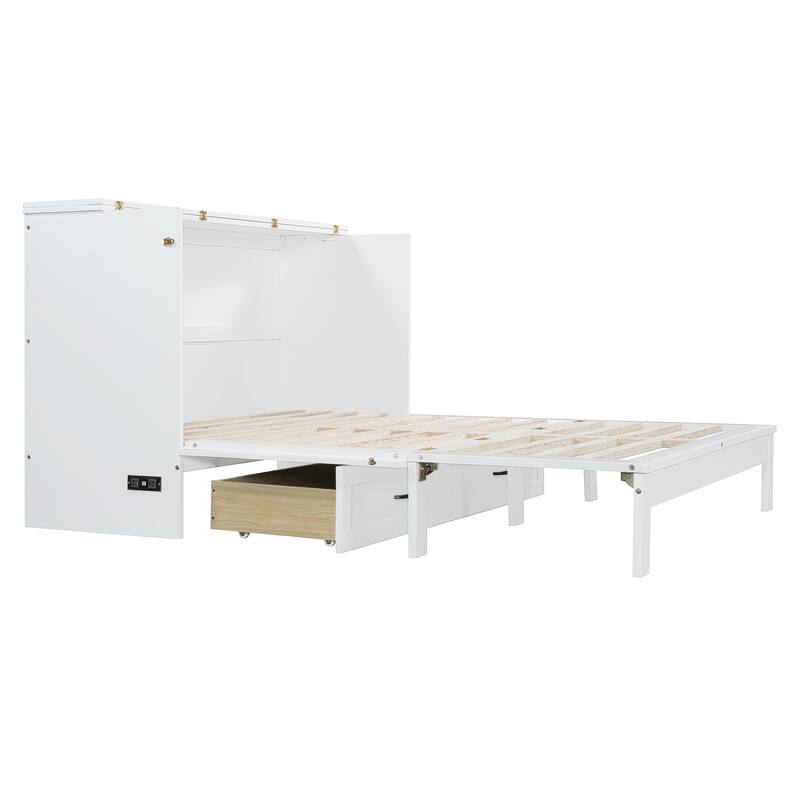Space-Saving Queen Size Murphy Bed with Drawers and USB Charging, White