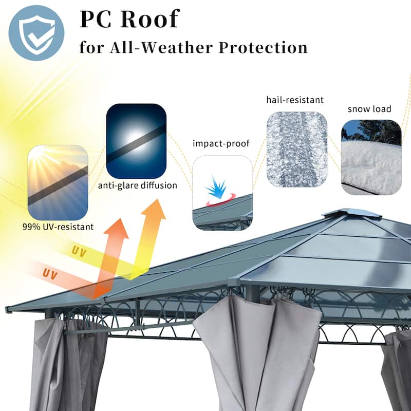 10'x10' Hardtop Outdoor Gazebo with Polycarbonate Roof, with Aluminum Frame, Mosquito Netting and Privacy Screens