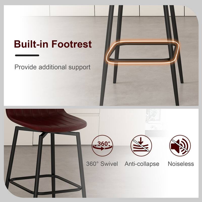 Modern Bar Stools with Swivel Mechanism, PU Padded Seats with Back Support & Metal Legs (Set of 2)