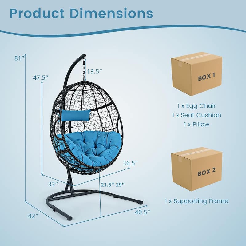 Gymax Hanging Hammock Chair Egg Swing Chair w/ Blue Cushion Pillow - 40.5'' x 42'' x 81'' (L x W x H)