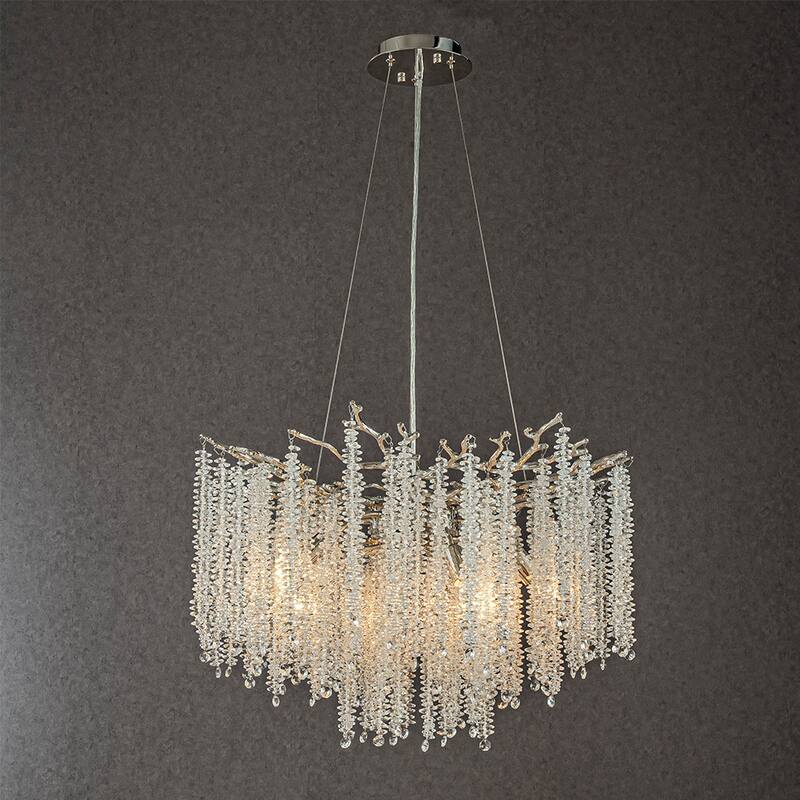 CraftHome Modern Glam Crystal Chandelier Branch Style Pendant Ceiling Light for Dining Room Bedroom Living Room Entryway - Polished Nickel - W25''