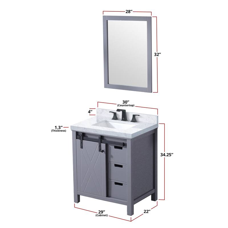 Marsyas 30 in W x 22 in D Ash Grey Bath Vanity, White Quartz Countertop and 28 in Mirror