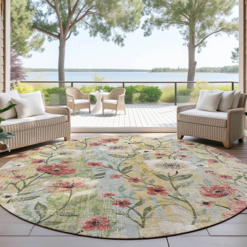 Machine Washable Indoor/ Outdoor Floral Joy Chantille Rug - Tan - 8' x 8'