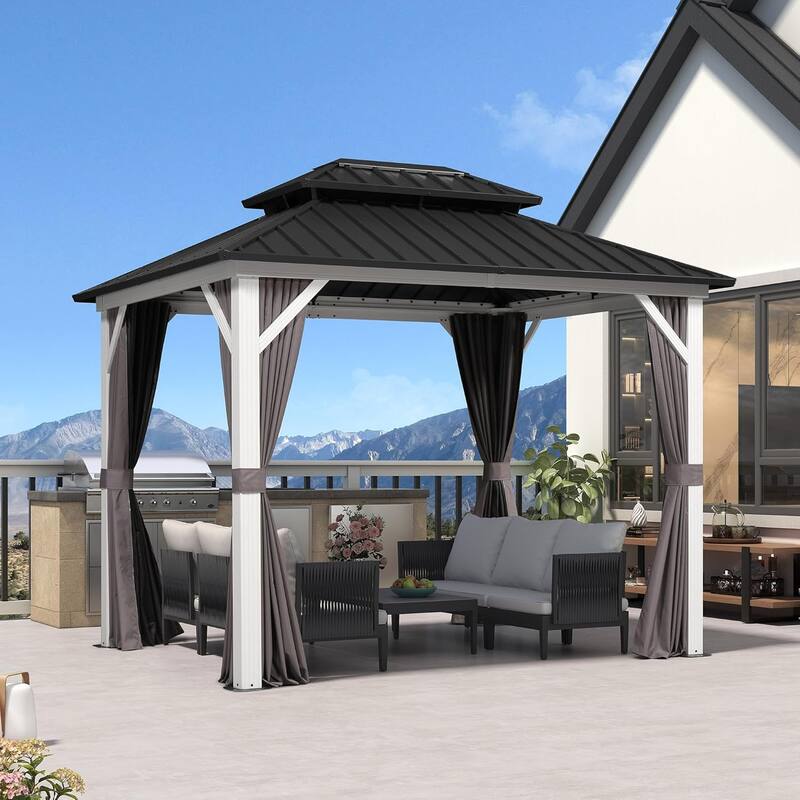 PURPLE LEAF Patio Hardtop Gazebo for Outdoor Grey Galvanized Steel Double Roof White Aluminum Poles - 08' x 10' - Grey