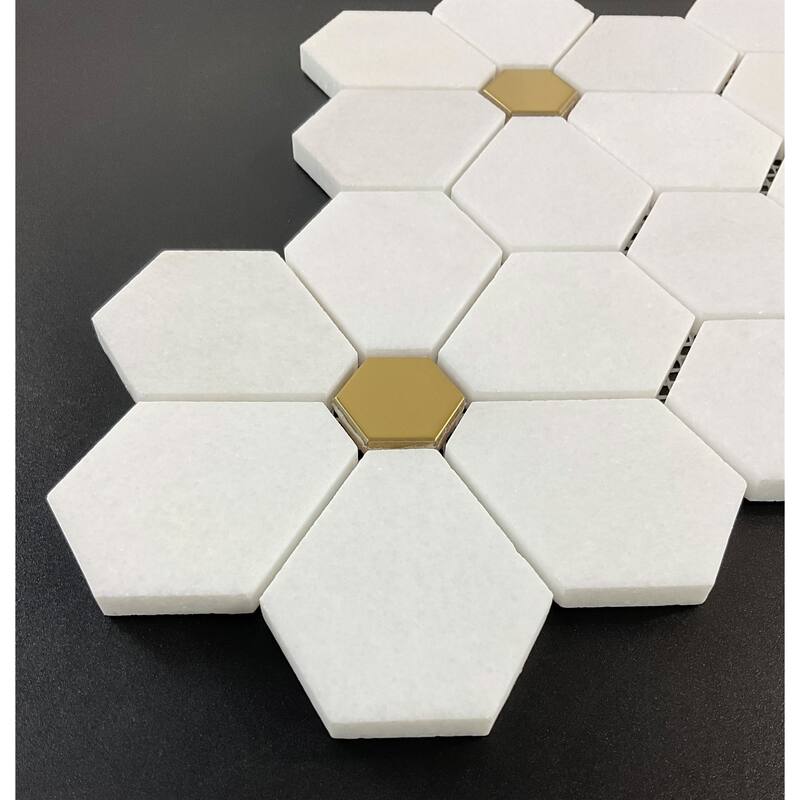 Flower Pattern Marble & Golde Metal Mosaic Tiles