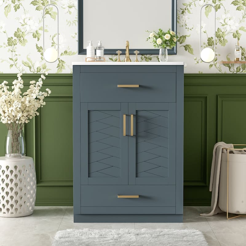 24" Bathroom Vanity with Integrated Ceramic Sink, Bathroom Cabinet with 2 Doors, 1 Tip-out Drawer, Single Sink Bathroom Vanity - Blue