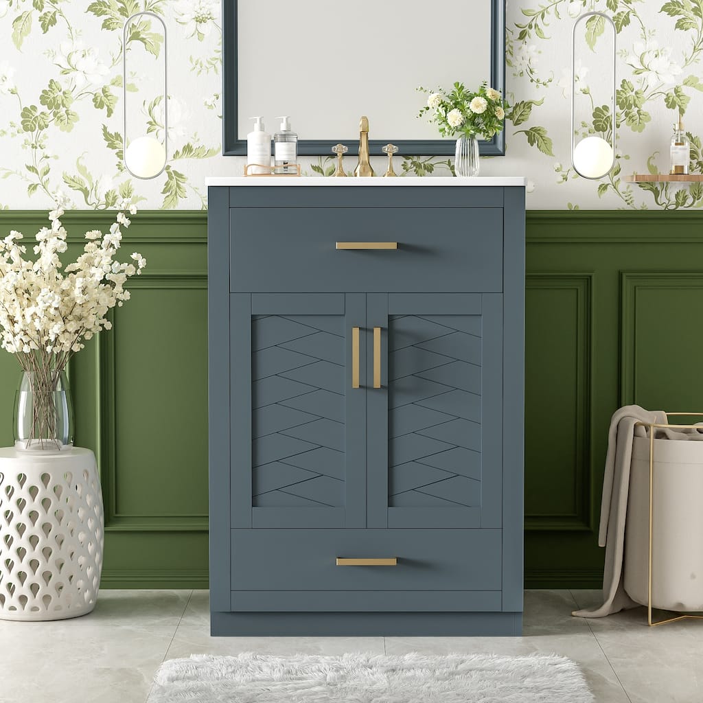 Roomfitters 24 Inch Bathroom Vanity with Integrated Ceramic Sink, Storage Cabinet & Tilt-Down Compartment