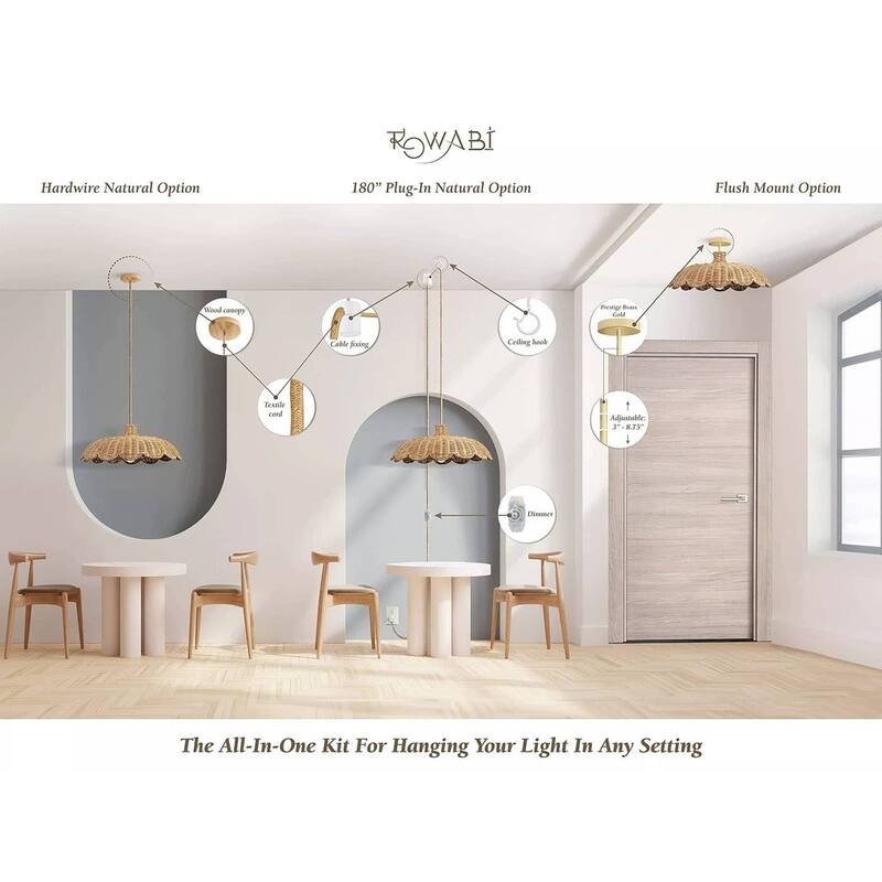 Aurelia Rattan Pendant Light - Natural Hardwired Light Fixture for Kitchen Island or Dining Room in Boho or Coastal Style