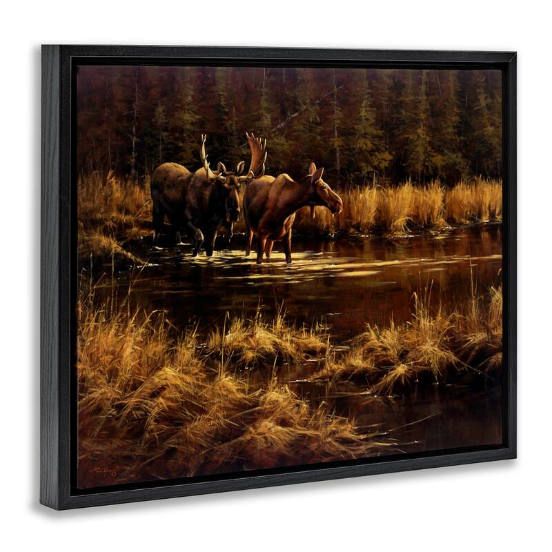 Stupell Moose Pair at Stream Framed Floater Canvas Wall Art Design By Paco Young