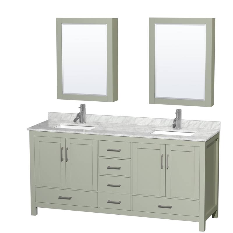Wyndham Collection Sheffield Double Vanity Set, Medicine Cabinets - 72-Inch Double - Light Green, White Carrara Marble Top, Nickel Trim