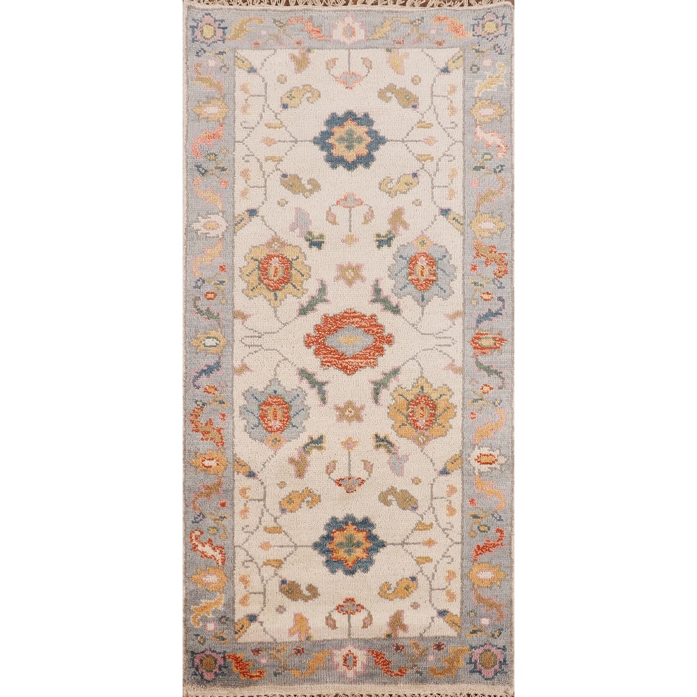 All-Over Floral Ivory Oushak Indian Foyer Rug Hand-Knotted Wool Carpet - 2'6"x 5'9"