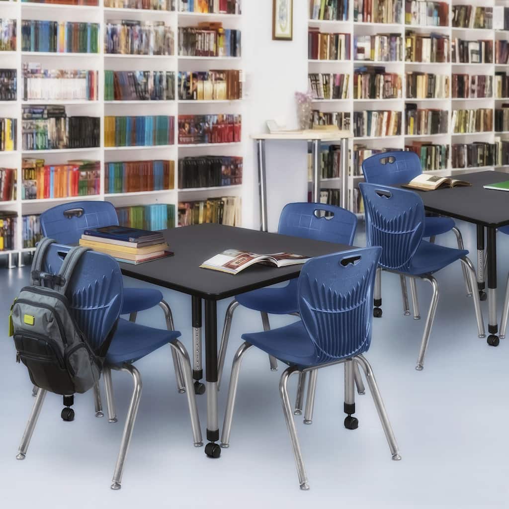 48 in. Square Height Adjustable Mobile Classroom Table - Grey & 4 18-in Stack Chairs- Navy Blue