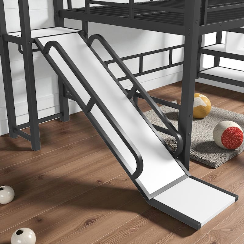 Twin/Full Metal House Loft Bed with Slide and Stairs, Kids Playhouse Bed with Roof, Storage Shelves & Guardrails