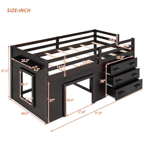 dimension image slide 1 of 2, Twin Size Loft Bed with Cabinet and Shelf, Maximized space, Espresso