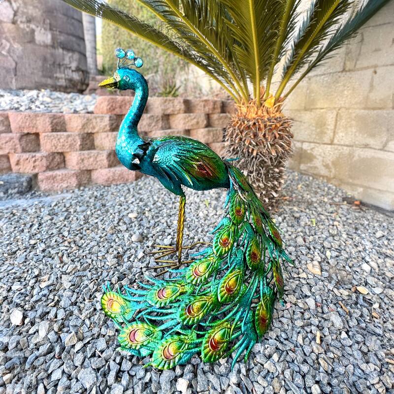 Exhart Hand Painted Majestic Metal Standing Peacock Garden Statue, 15 by 24 Inches