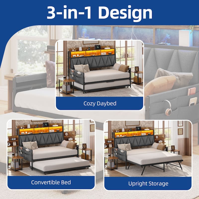 Moasis Twin Size Daybed with Trundle,Heavy Duty Metal Bed Frame with RGB LED Lights and Bookcase Headboard with Charging Station