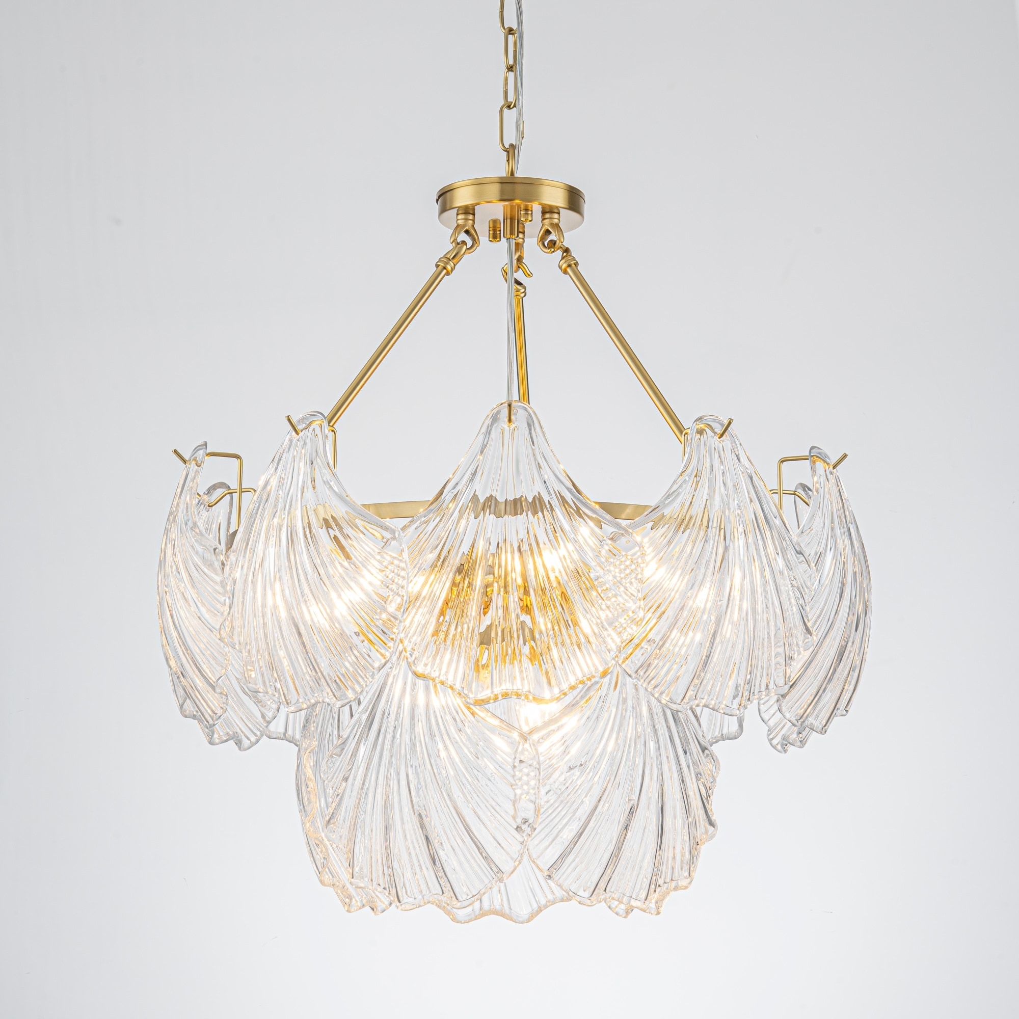 Rennnsan 9-Light Gold Clear Textured Glass 2-in-1 Flush/Chandelier for Living Room - 21.6 in. W x 21.6 in. D x 24.43 in. H