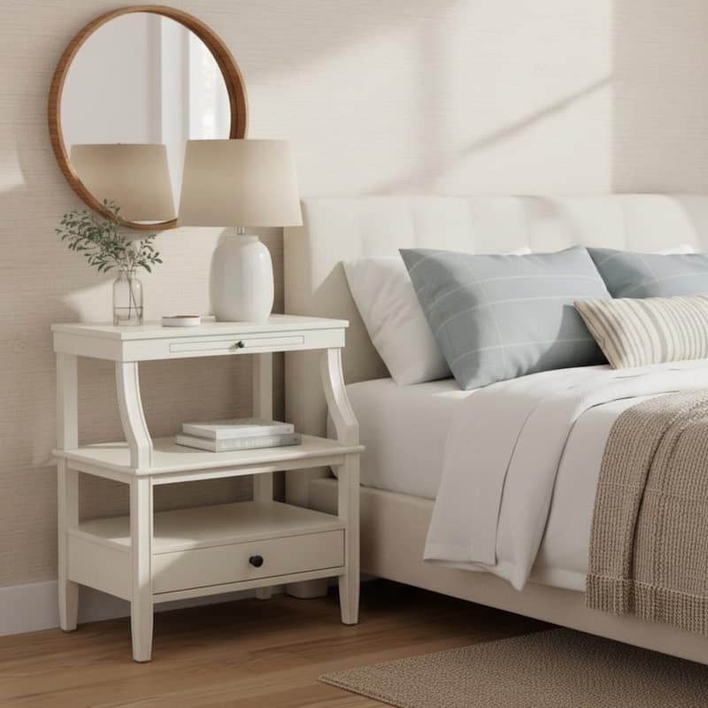 Antique White Storage Nightstand with Black Hardware and Pull-Out Tray - Antique White