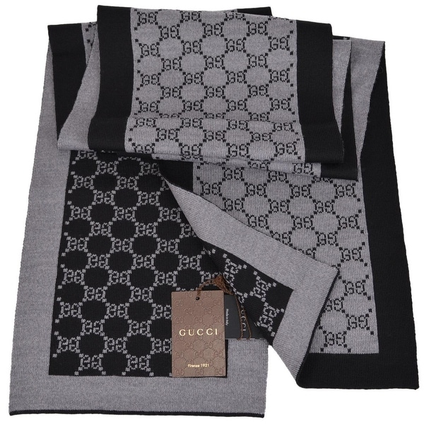 Gucci 421068 Black and Grey Wool GG Guccissima Wool Scarf Muffler - 70" x 9"