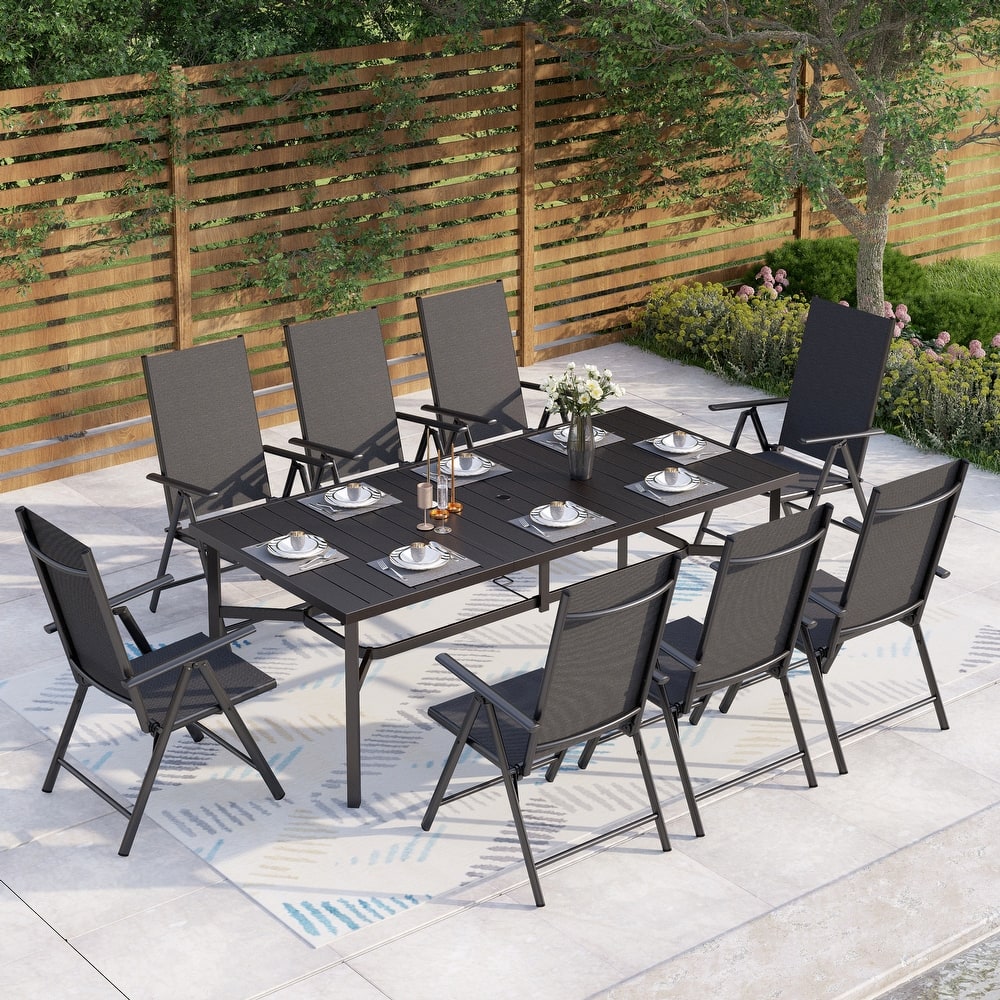 9-Piece Patio Dining Set, Metal Table and Foldable Sling Dining Chairs with 7 Levels Adjustable