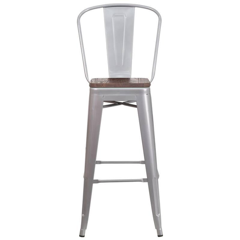 30" High Metal Barstool with Back and Wood Seat - 17.75"W x 20"D x 45.25"H