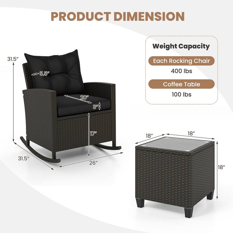 Gymax Set of 3 Wicker Rocking Set w/ Tempered Glass Table Patio