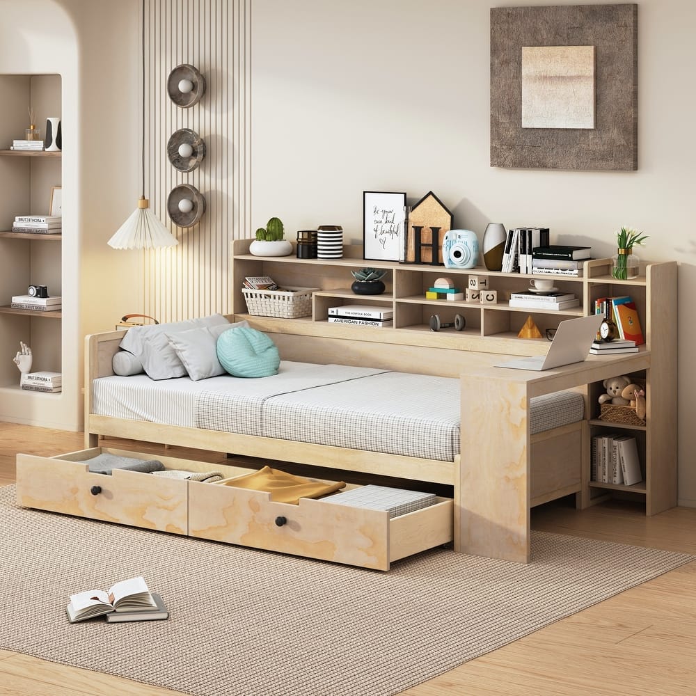 Wooden Daybed with Storage Shelves, Multi-functional Bed with Two Storage Drawers and Study Desk