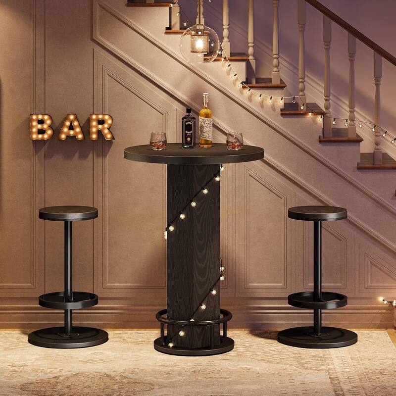 Round Bar Table with Chairs, Industrial Bistro Pub Sets with 2 barstools - 11.42" L x 11.42" W x 25.59" H