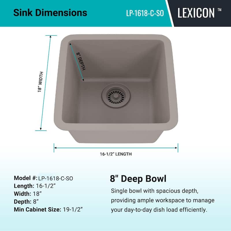 16" x 18" Quartz Single Bowl Kitchen Sink, Drop-In/Undermount, Granite Composite with Steel Grids & Basket Strainer,...