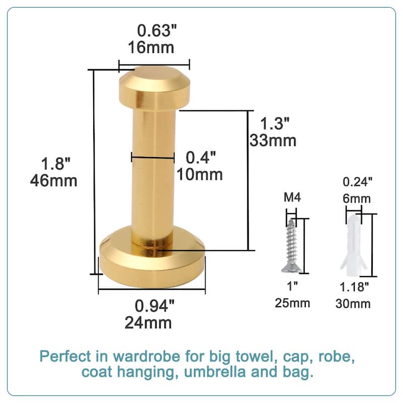 4pcs Wall Hooks Copper 46mm Hook Coat Towel Key DIY Hanger w Screws - Gold Tone - 0.63" x 0.94" x 1.8"(Top D*Bottom D*H)