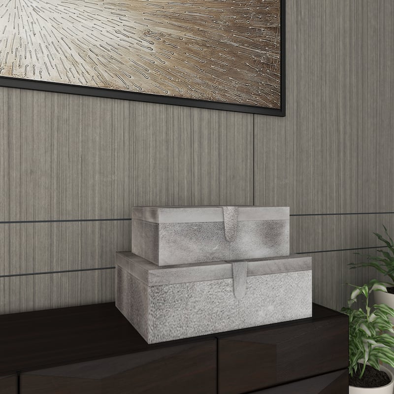 Gray, Silver or Gold Leather Handmade Cowhide Storage Box with Silver Foil Accents (Set of 2)