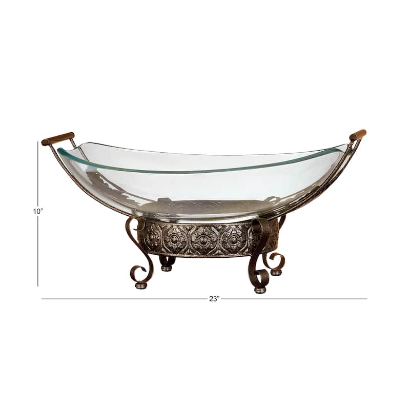 Tempered Glass Kitchen Serving Bowl with Brown Metal Scroll Base - Clear - Roche River Decor
