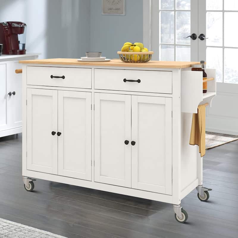 Classic Wooden Kitchen Island Cart with 2 Drawers, 2 Cabinets, a Towel Rack and a Spice Rack - White