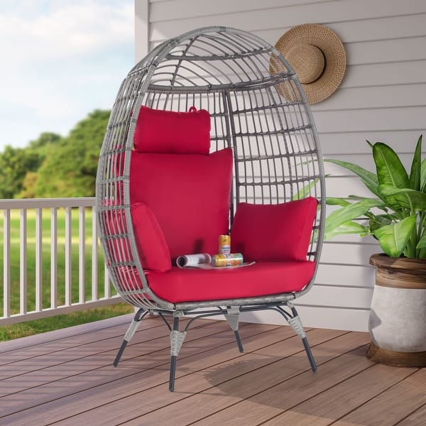 SANSTAR Oversized Outdoor Gray Rattan Egg Chair with Beige Cushion