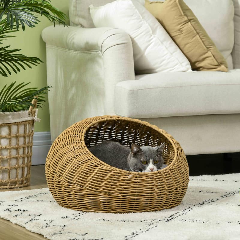 PawHut Rattan Cat Bed with Washable Cushion for Cats, Puppies, Light Brown - Brown