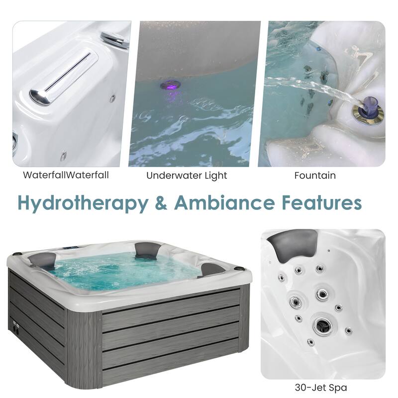 EROMMY 4 Person Outdoor Acrylic Hot Tub Spa with 30 Jets, Ozonator, Insulated Cover, LED Lights & Bluetooth Speaker - 4-Person