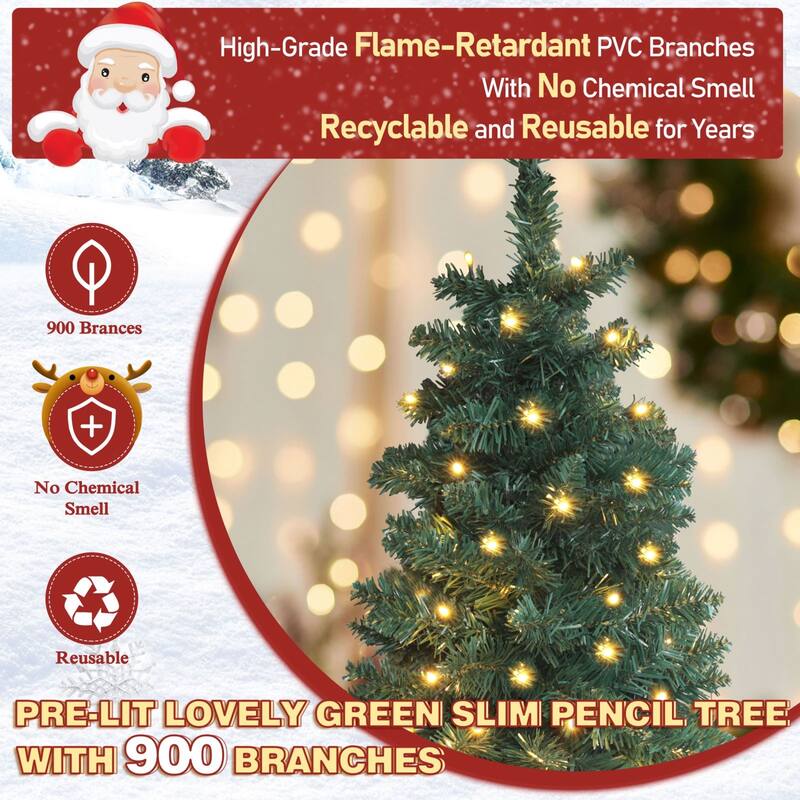 VEIKOUS Pre-Lit Artificial Christmas Tree Pencil Snow with Foldable Iron Stand with LED lights, 5.5/6.5/7.5 ft