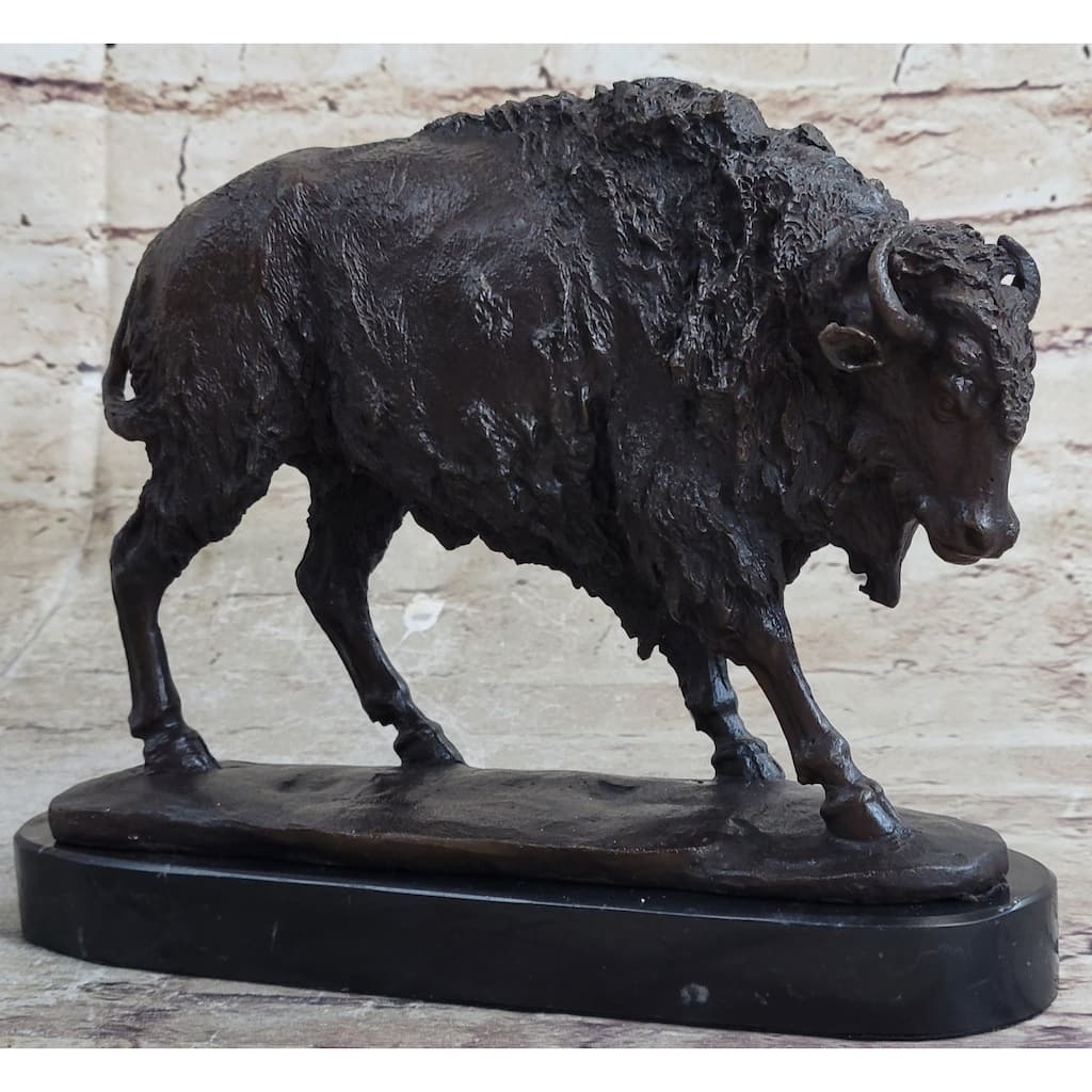 American Buffalo Bison Western Decor Bronze Marble Base Statue Sculpture Artwork