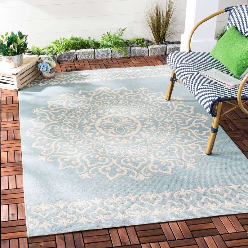 SAFAVIEH Beach House Angelien Indoor/ Outdoor Waterproof Patio Backyard Rug - 2'2" x 4' - Cream/Aqua