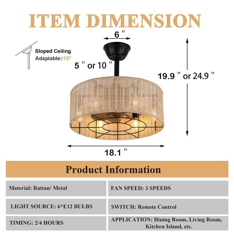 Cusp Barn 18 Inch Boho Caged Ceiling Fan, Farmhouse 6-Light Fandelier with 3 Speeds, Woven Rattan Chandelier for Bedroom