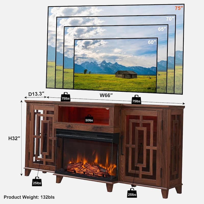 Farmhouse 3-Sided Glass Fireplace TV Stand for 75" TV, Media Console