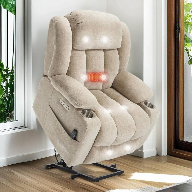 Chenille Power Lift Recliner Chair with Massage and Lumbar Heating, Dual Cup Holders - Beige