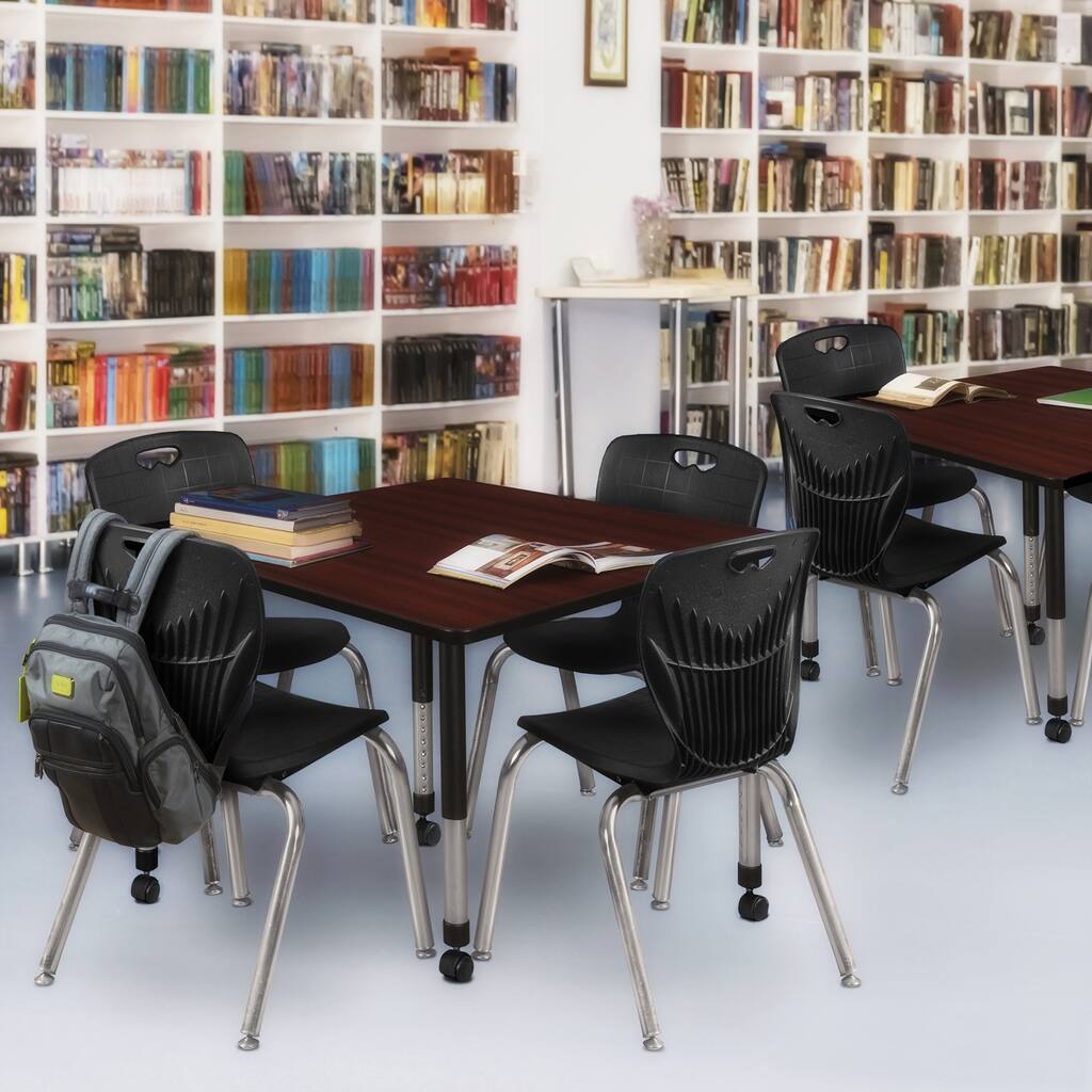 48 in. Square Height Adjustable Moblie Classroom Table - Mahogany & 4 18-in Stack Chairs- Black