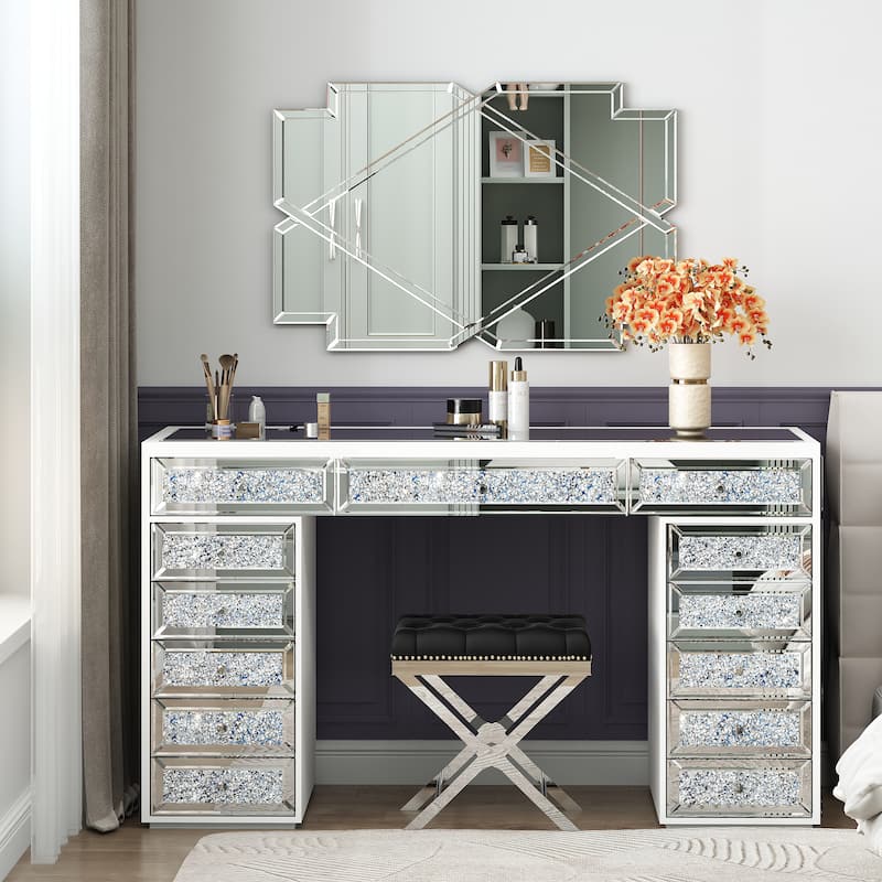 Mirrored Finish Vanity Desk Dresser with 13-Drawer - White