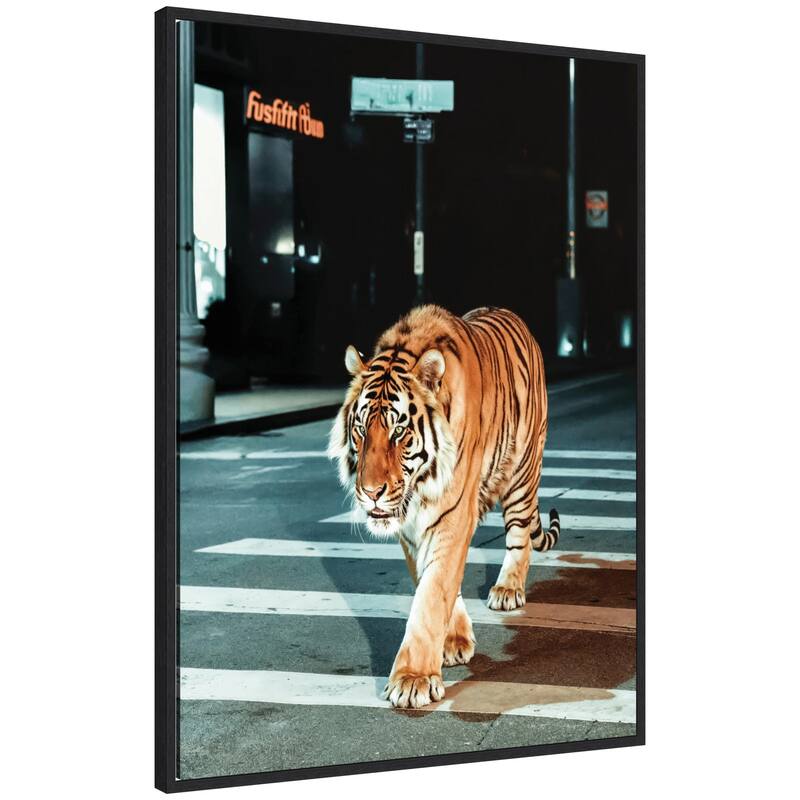 Kate and Laurel Sylvie Tiger in the City at Night 2 Framed Canvas by Michael Schauer - 28x38 - Black