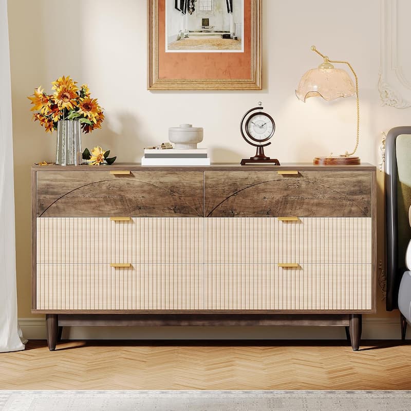 55 Inches Dresser for Bedroom, Green Long Double Dresser Organizer Wood Cabinet