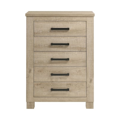 5 Drawer Wooden Chest with Dark Bronze Handles in Weathered Oak